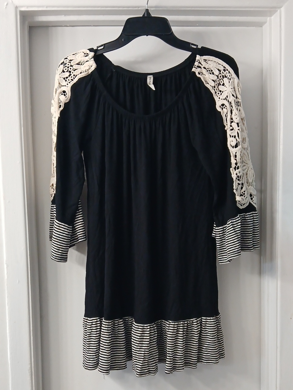 Emerald Black Midi Dress with Cream Crochet Shoulders & Striped Hem